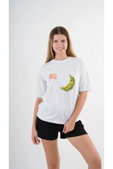 Kadın Beyaz Sarı Banana House Baskılı Bisiklet Yaka T-Shirt HZL24S-YY302