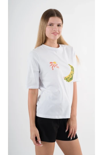 Kadın Beyaz Sarı Banana House Baskılı Bisiklet Yaka T-Shirt HZL24S-YY302