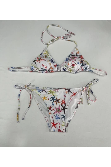 Kadın Beyaz Yıldız Temalı Boyundan İp Bağlamalı Üçgen Bikini Takımı HZL25S-LC5005