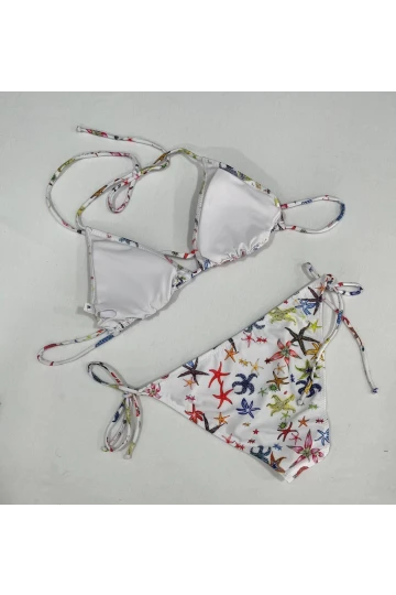 Kadın Beyaz Yıldız Temalı Boyundan İp Bağlamalı Üçgen Bikini Takımı HZL25S-LC5005