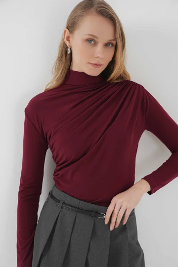Kadın Bordo Büzgü Detay Balıkçı Yaka Sandy Bluz HZL25W-BD19251