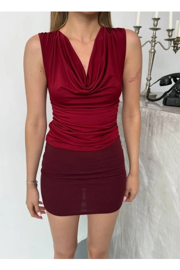 Kadın Bordo Degaje Yaka Yanlardan Drapeli Sandy Bluz HZL25S-FRY123131