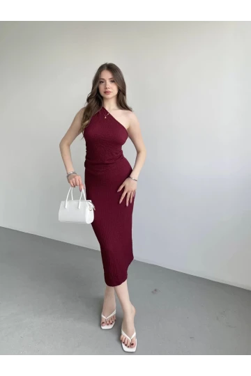 Kadın Bordo Gofre Kumaş Tek Omuz Bluz HZL25S-ZK13271