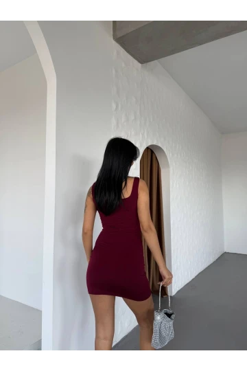 Kadın Bordo Kalın Askılı Yanlardan Drapeli Mini Elbise HZL25S-FRY123081
