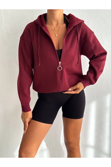 Kadın Bordo Kapüşonlu Fermuarlı Şardonlu Sweatshirt HZL24W-FRY122561