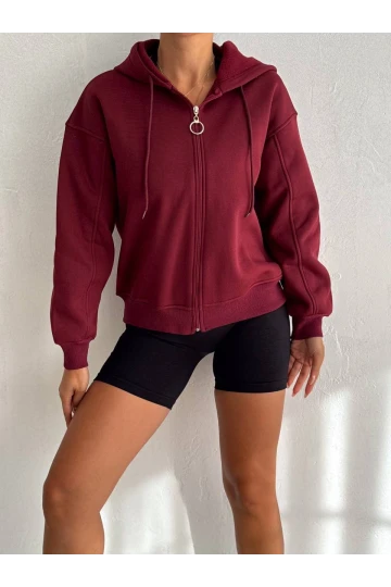 Kadın Bordo Kapüşonlu Fermuarlı Şardonlu Sweatshirt HZL24W-FRY122561