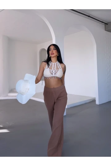 Kadın Camel Beli Lastikli Müslin Kumaş Bol Paça Pantolon HZL25S-DSB12221
