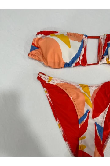 Kadın Çok Renkli Tropikal Desenli Astarlı Straplez Bikini Takım HZL25S-AR1666