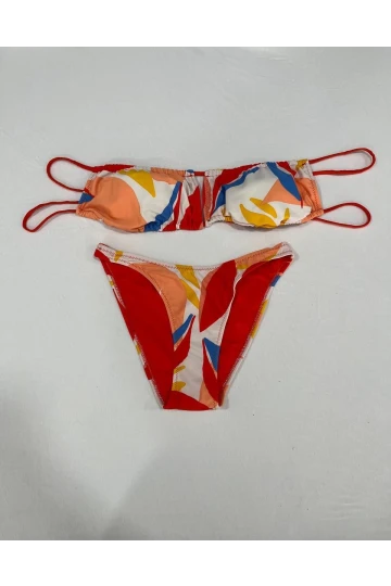 Kadın Çok Renkli Tropikal Desenli Astarlı Straplez Bikini Takım HZL25S-AR1666