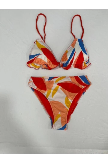 Kadın Çok Renkli Tropikal Desenli Astarlı Üçgen Bikini Takım HZL25S-AR1616