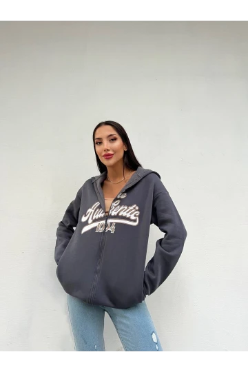 Kadın Füme Baskılı Kapüşonlu Fermuarlı Oversize Sweatshirt HZL24W-ZK12741