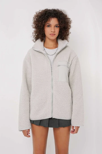 Kadın Gri Cep Detaylı Fermuarlı Oversize Peluş Sweatshirt HZL25W-FRY1554461