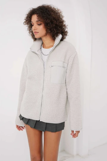 Kadın Gri Cep Detaylı Fermuarlı Oversize Peluş Sweatshirt HZL25W-FRY1554461