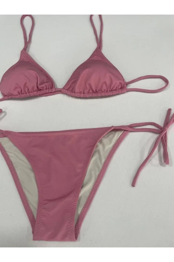 Kadın Gül Kurusu Boyundan İp Bağlamalı Üçgen Bikini Takımı HZL25S-LC5005