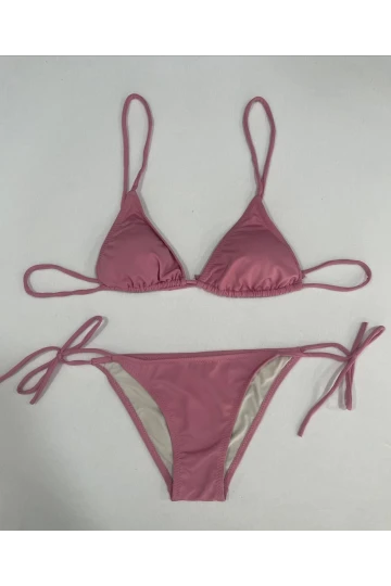 Kadın Gül Kurusu Boyundan İp Bağlamalı Üçgen Bikini Takımı HZL25S-LC5005