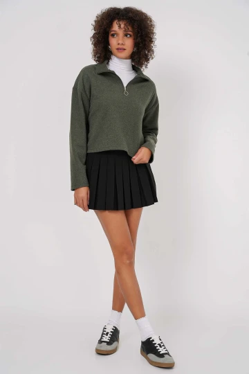 Kadın Haki Yakası Fermuarlı Örme Sweatshirt HZL25W-BD1554491