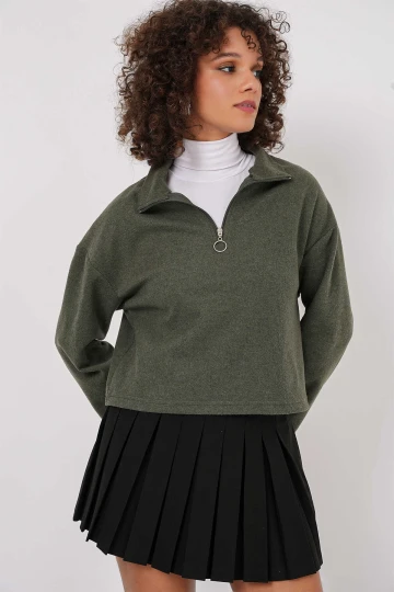 Kadın Haki Yakası Fermuarlı Örme Sweatshirt HZL25W-BD1554491