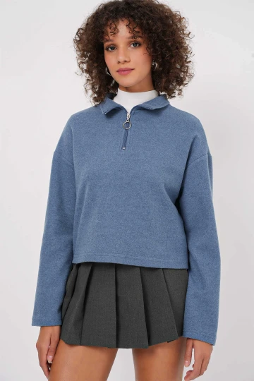 Kadın İndigo Mavi Yakası Fermuarlı Örme Sweatshirt HZL25W-BD1554491