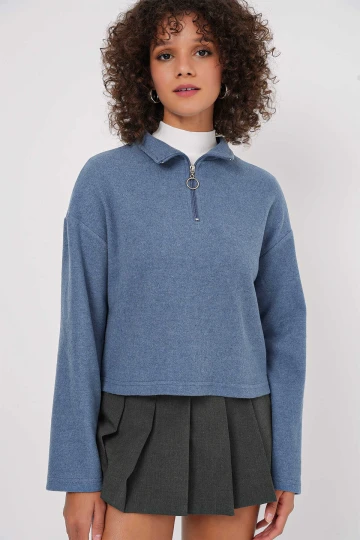 Kadın İndigo Mavi Yakası Fermuarlı Örme Sweatshirt HZL25W-BD1554491