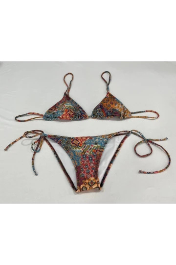 Kadın Kahverengi Etnik Desen Boyundan İp Bağlamalı Üçgen Bikini Takımı HZL25S-LC5005