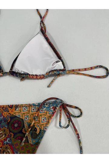 Kadın Kahverengi Etnik Desen Boyundan İp Bağlamalı Üçgen Bikini Takımı HZL25S-LC5005