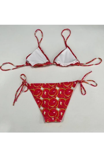 Kadın Kırmızı Karpuz Desen Boyundan İp Bağlamalı Üçgen Bikini Takımı HZL25S-LC5005