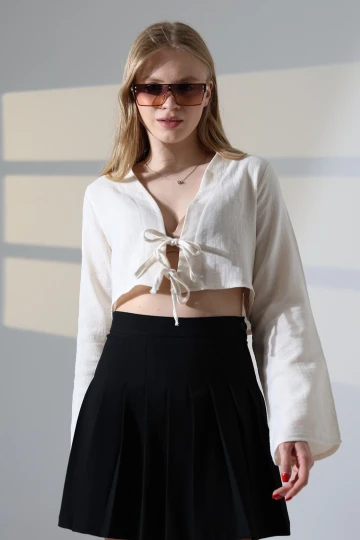 Kadın Krem Önden Bağlamalı Müslin Kumaş Crop Bluz HZL25S-DSB104071