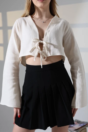 Kadın Krem Önden Bağlamalı Müslin Kumaş Crop Bluz HZL25S-DSB104071