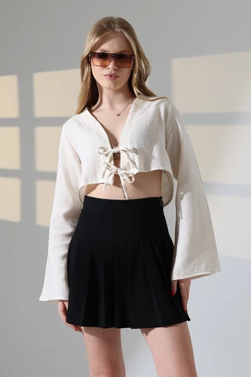 Kadın Krem Önden Bağlamalı Müslin Kumaş Crop Bluz HZL25S-DSB104071