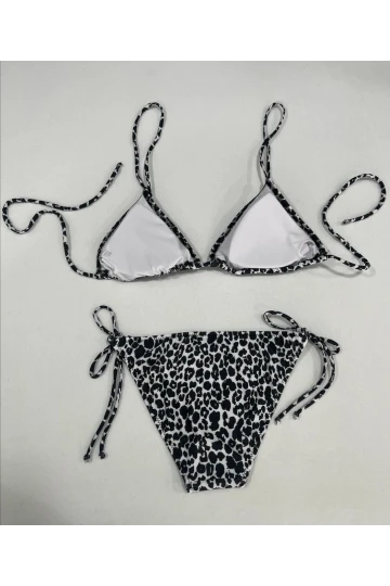 Kadın Leopar Siyah Boyundan İp Bağlamalı Üçgen Bikini Takımı HZL25S-LC5005