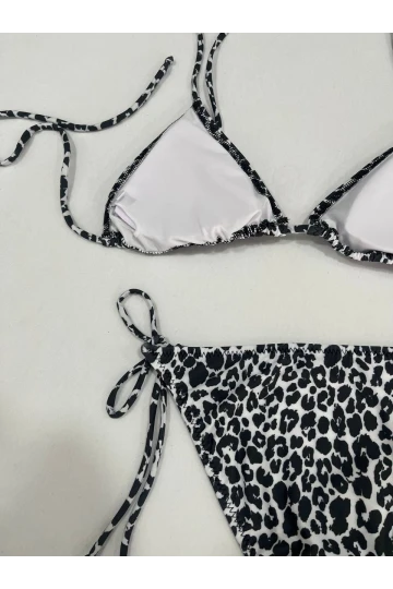 Kadın Leopar Siyah Boyundan İp Bağlamalı Üçgen Bikini Takımı HZL25S-LC5005