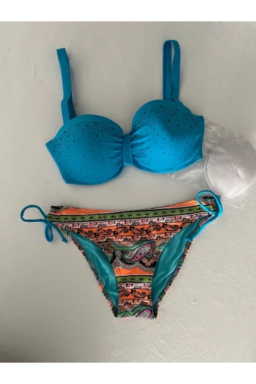 Kadın Mavi Taş İşlemeli Desenli 3 Parça Bikini Takım HZL25S-LC3326