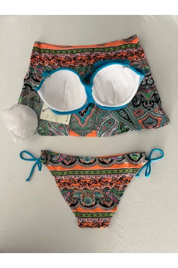 Kadın Mavi Taş İşlemeli Desenli 3 Parça Bikini Takım HZL25S-LC3326