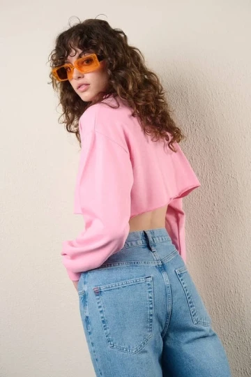 Kadın Pembe  Basic Bisiklet Yaka Uzun Kollu Crop Sweatshirt HZL24W-ZK11351