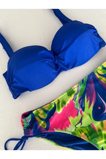 Kadın Saks Mavi Taş İşlemeli Astarlı Bikini Takım HZL25S-LC3334