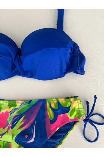 Kadın Saks Mavi Taş İşlemeli Astarlı Bikini Takım HZL25S-LC3334