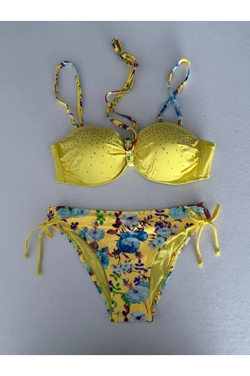 Kadın Sarı Taş İşlemeli Astarlı Bikini Takım HZL25S-LC208