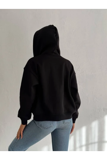 Kadın Siyah Kapüşonlu Fermuarlı Şardonlu  Sweatshirt HZL24W-FRY122561