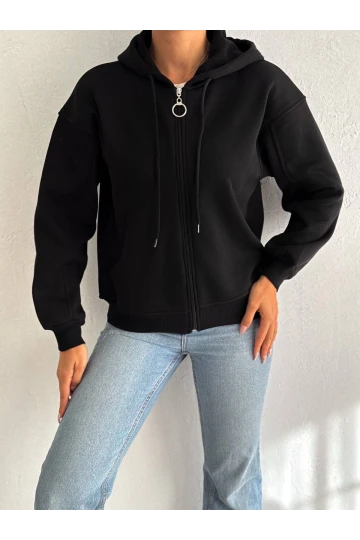 Kadın Siyah Kapüşonlu Fermuarlı Şardonlu  Sweatshirt HZL24W-FRY122561