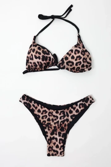 Kadın Siyah Leopar İp Bağlamalı Astarlı Üçgen Bikini Takım HZL24S-LC204