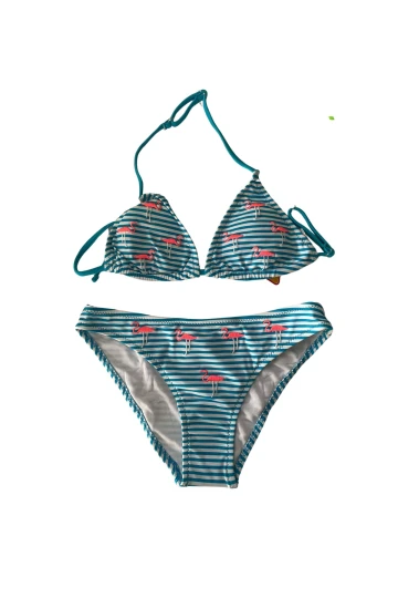 Kız Çocuk Mavi Beyaz Çizgili Flamingo Desenli  4-12 Yaş Üçgen Bikini Takım HZL24S-LC171