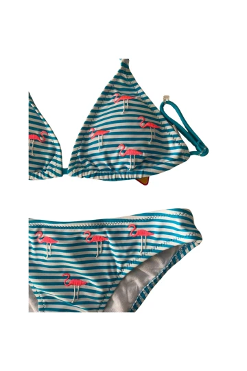 Kız Çocuk Mavi Beyaz Çizgili Flamingo Desenli  4-12 Yaş Üçgen Bikini Takım HZL24S-LC171