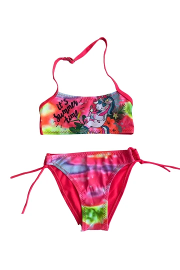 Kız Çocuk Neon Pembe Desenli  2-8 Yaş Straplez Bikini Takım HZL24S-LC3652