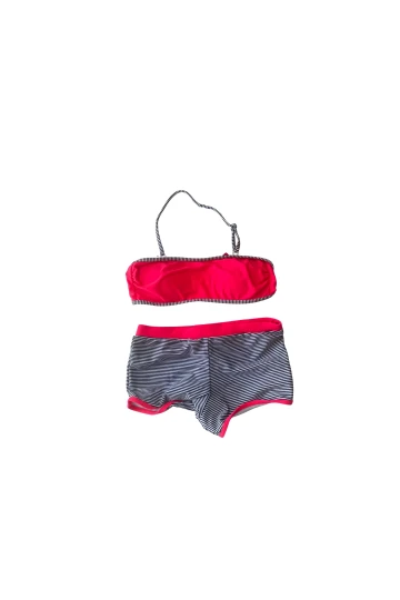 Kız Çocuk Neon Pembe Siyah Çizgili Şortlu 4-12 Yaş Straplez Bikini Takım HZL24S-LC9034