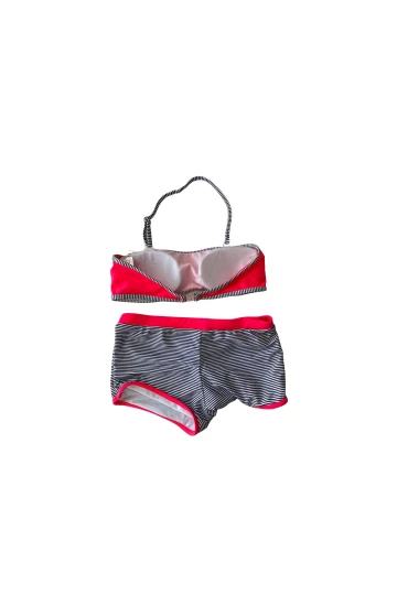 Kız Çocuk Neon Pembe Siyah Çizgili Şortlu 4-12 Yaş Straplez Bikini Takım HZL24S-LC9034