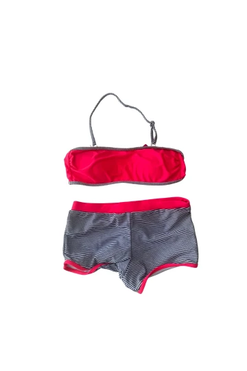 Kız Çocuk Neon Pembe Siyah Çizgili Şortlu 4-12 Yaş Straplez Bikini Takım HZL24S-LC9034