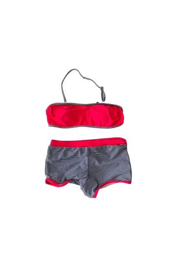 Kız Çocuk Neon Pembe Siyah Çizgili Şortlu 4-12 Yaş Straplez Bikini Takım HZL24S-LC9034