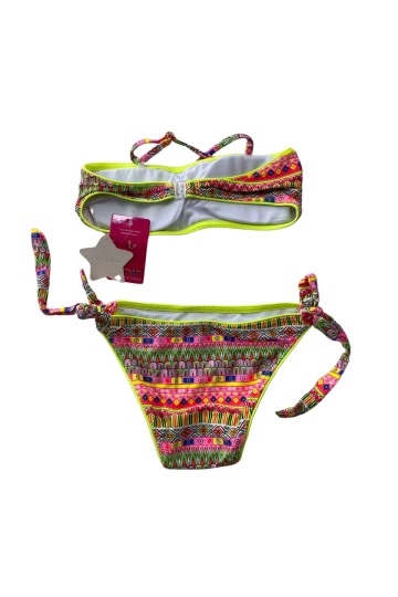 Kız Çocuk Neon Sarı Çok Renkli Astarlı 4-12 Yaş Straplez Bikini Takım HZL24S-LC6355