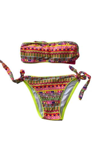 Kız Çocuk Neon Sarı Çok Renkli Astarlı 4-12 Yaş Straplez Bikini Takım HZL24S-LC6355