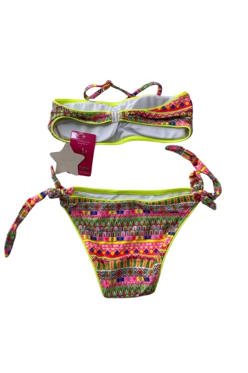 Kız Çocuk Neon Sarı Çok Renkli Astarlı 4-12 Yaş Straplez Bikini Takım HZL24S-LC6355